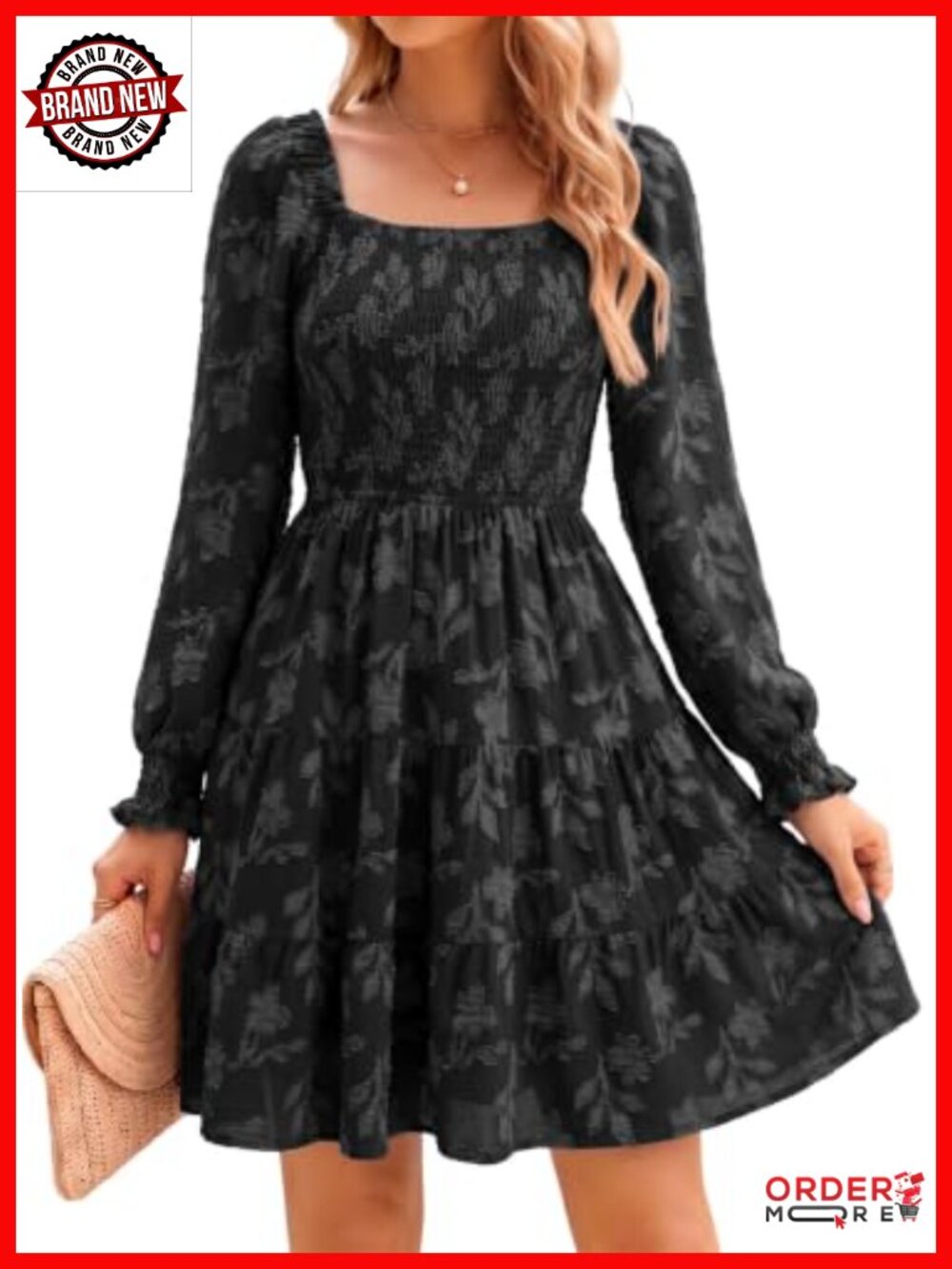 Long Sleeve Square Neck Smocked Tiered Floral Burnout Mini Dress